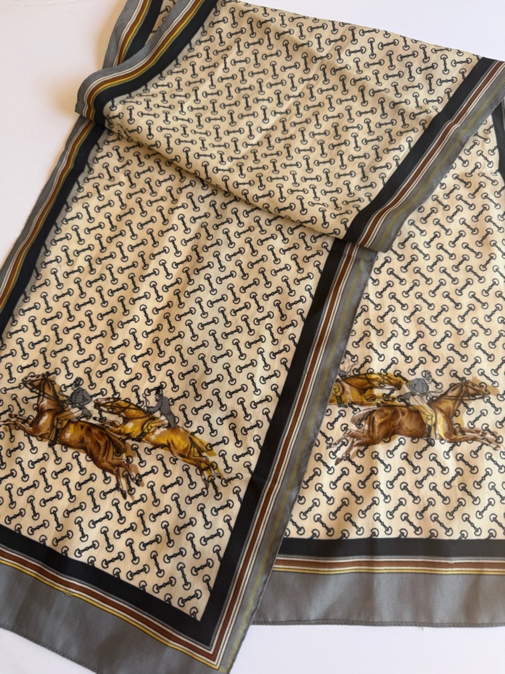 SOLD Equestrian Horsebit Long Scarf Jockey Print Skinny Silk Old Money Wrap